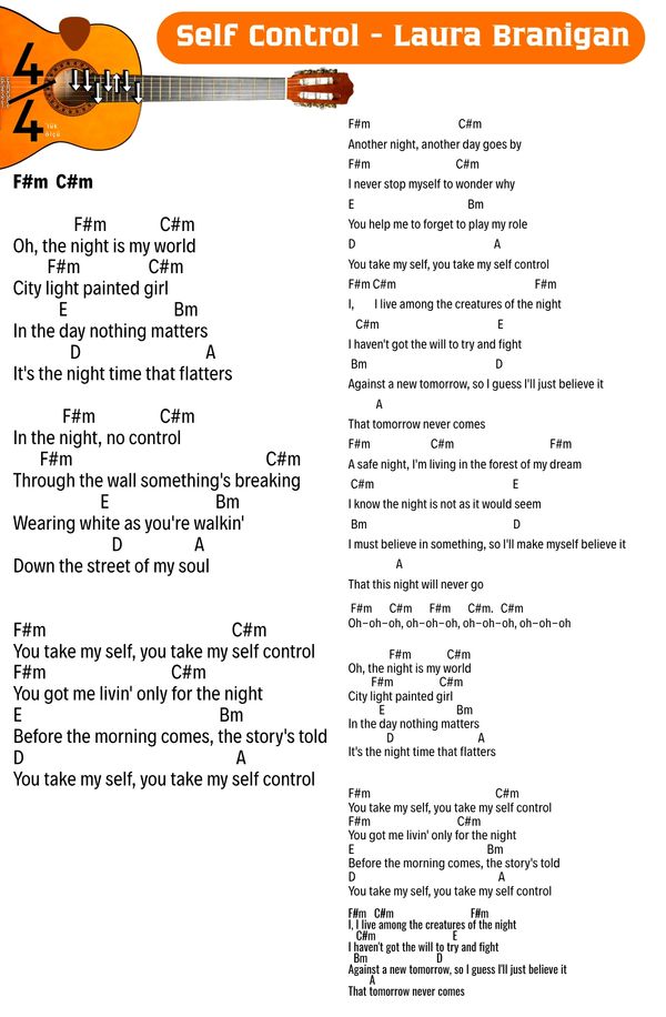 Chords and lyrics for 'Self Control' by Laura Branigan with guitar illustration.