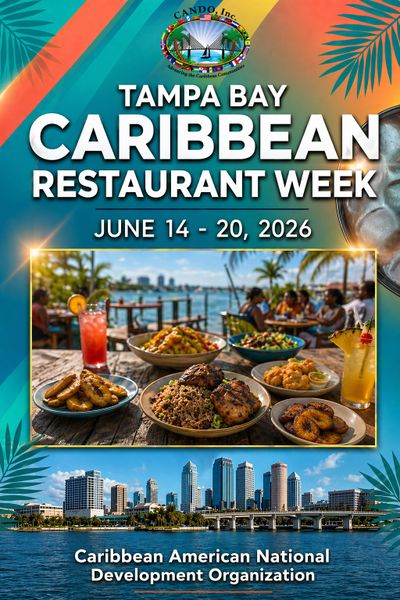 Tampa Bay Caribbean Restaurant Week, June 14-20, 2026, showcasing vibrant Caribbean dishes and city skyline.