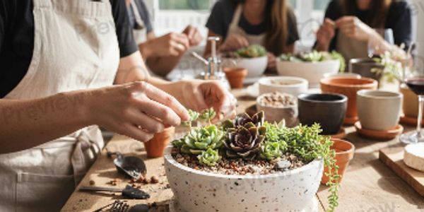 People arranging succulents in a white pot during a workshop.