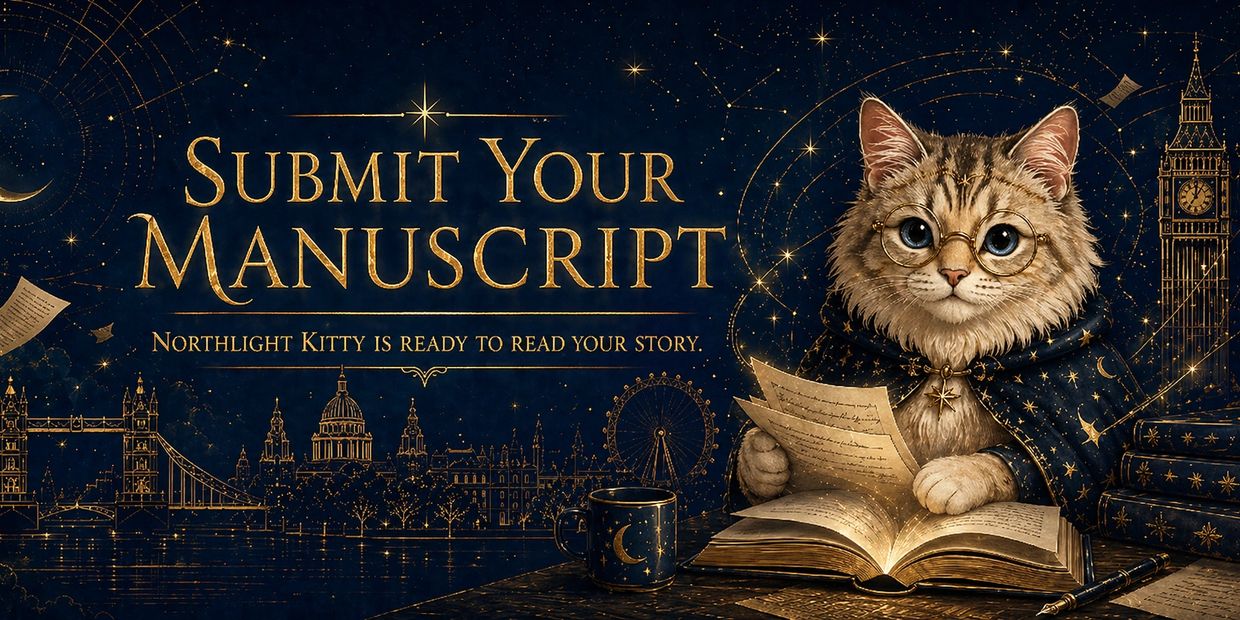A magical cat with glasses invites you to submit your manuscript.