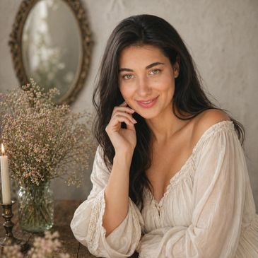 A woman in a white blouse smiling by a rustic table with flowers and a candle.