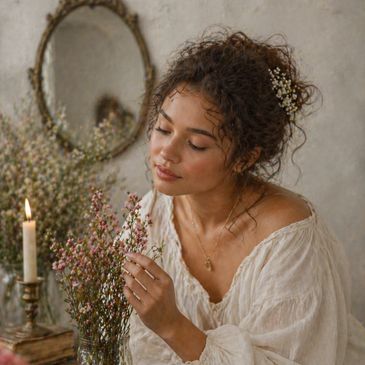 A woman in a white blouse admiring flowers by candlelight.