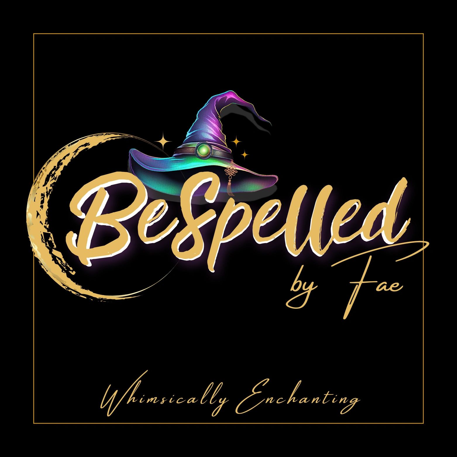 BeSpelled by Fae logo. There's a cresent moon and a really cool witch hat.