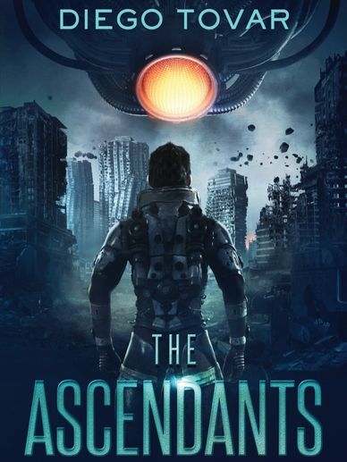 Sci-fi cover with astronaut facing a giant spaceship in a ruined city.