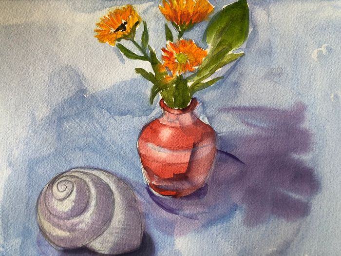 Demo painting - sea and calendulas