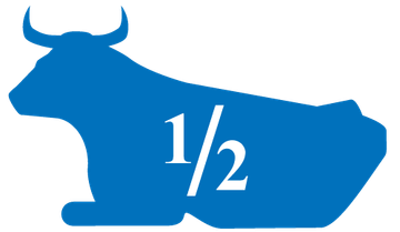 Blue bull with fraction 1/2 on its body.