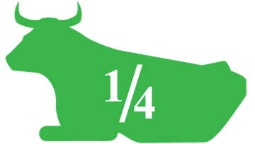 Green cow silhouette with fraction 1/4.