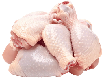 Pile of raw chicken drumsticks with skin on.