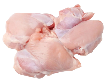 Three raw chicken thighs with skin removed.
