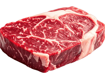 A raw, marbled cut of fresh beef steak.
