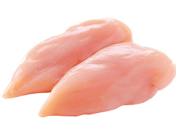 Two raw chicken breast fillets on a white background.
