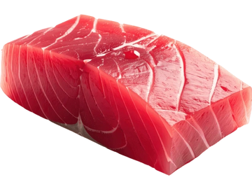 A fresh, raw tuna steak with visible marbling and texture.
