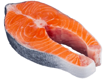 Fresh salmon steak with skin on, ready for cooking.