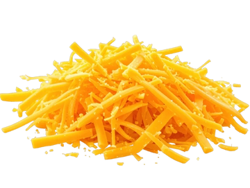 A pile of shredded cheddar cheese with bright orange color.