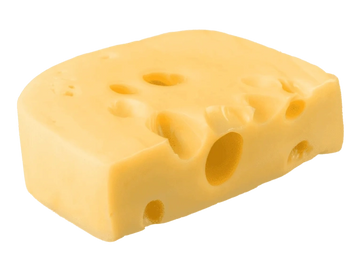 A block of Swiss cheese with characteristic holes.