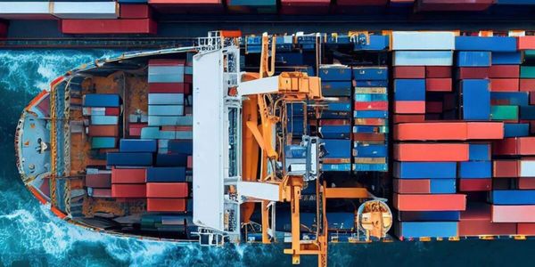 Aerial view of a cargo ship loaded with colorful shipping containers at sea.