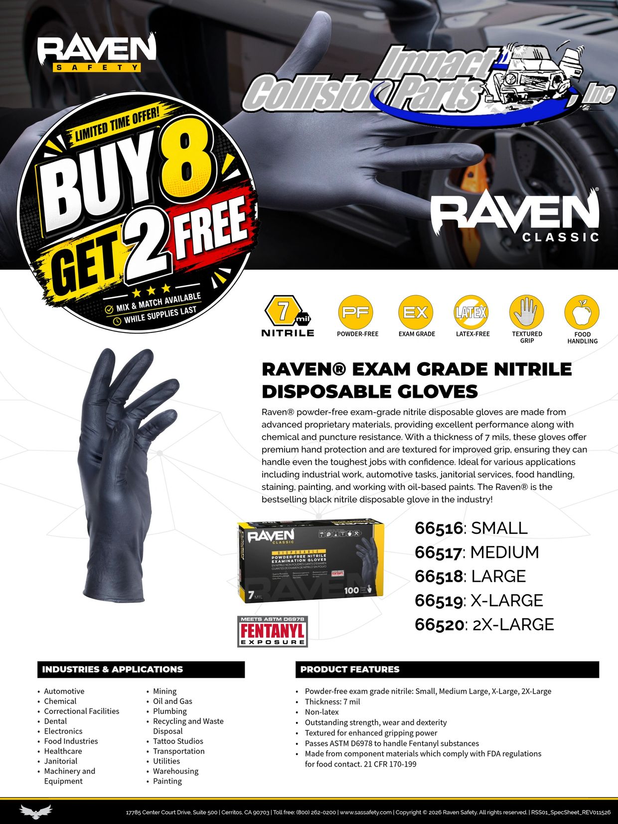 Raven Exam Grade Nitrile Disposable Gloves, textured, powder-free, available in multiple sizes.