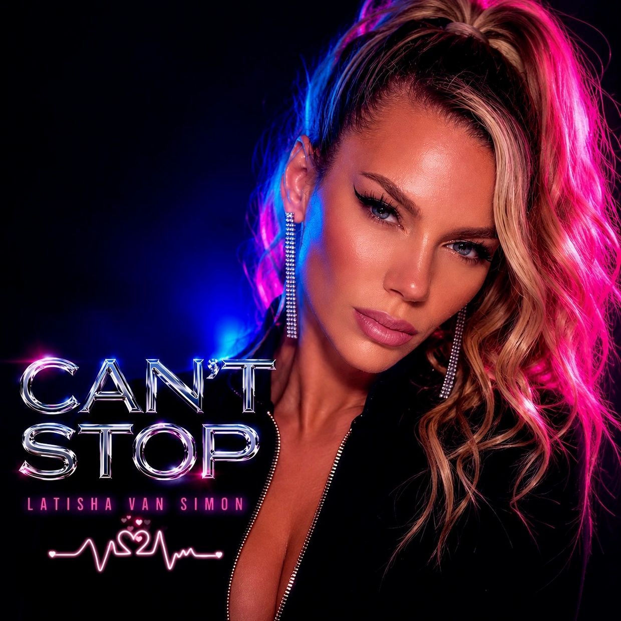 Close-up of a woman with glamorous makeup and neon lighting.
