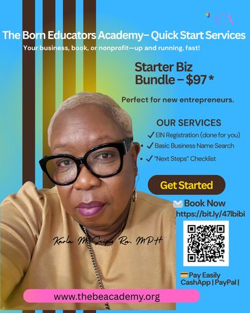 Promotional flyer for The Born Educators Academy's Starter Biz Bundle at $97.