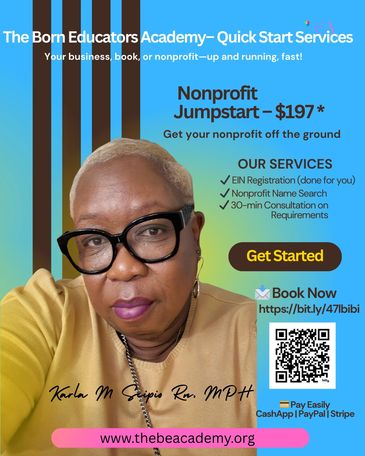 Nonprofit startup service offered by The Born Educators Academy with quick registration and consultation.