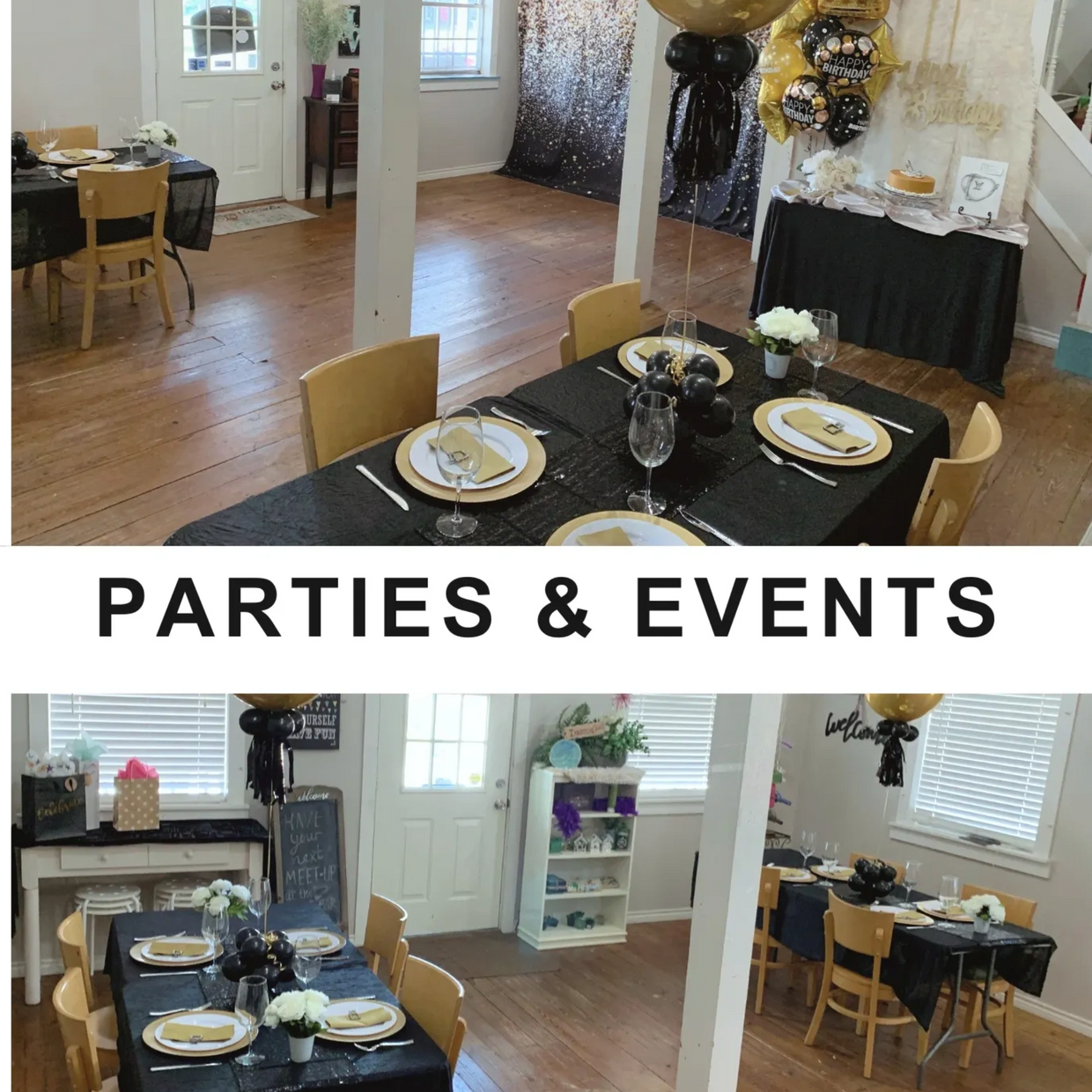 Party and event venue decorated in gold and black birthday party theme. 