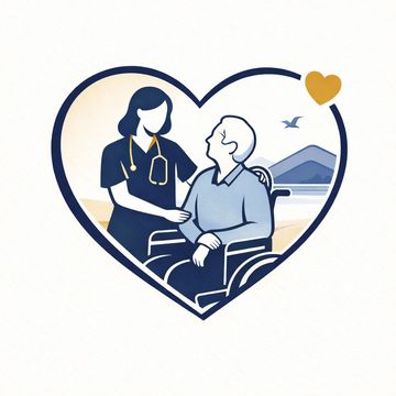 Healthcare worker caring for elderly patient in wheelchair within a heart symbol.