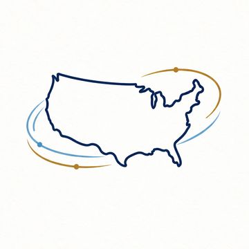 Outline of the United States with orbit-like lines encircling it.