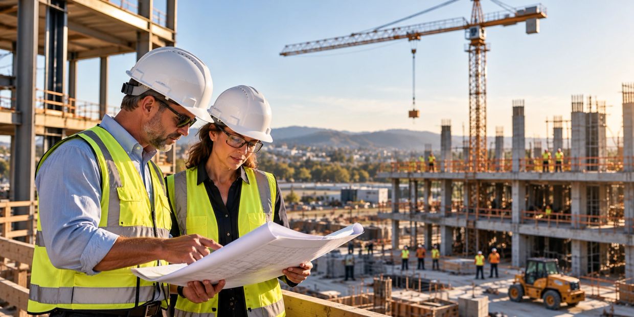 Two construction workers examining blueprints at a building site.