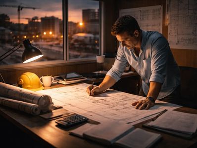 An architect working late on building plans in a dimly lit office.