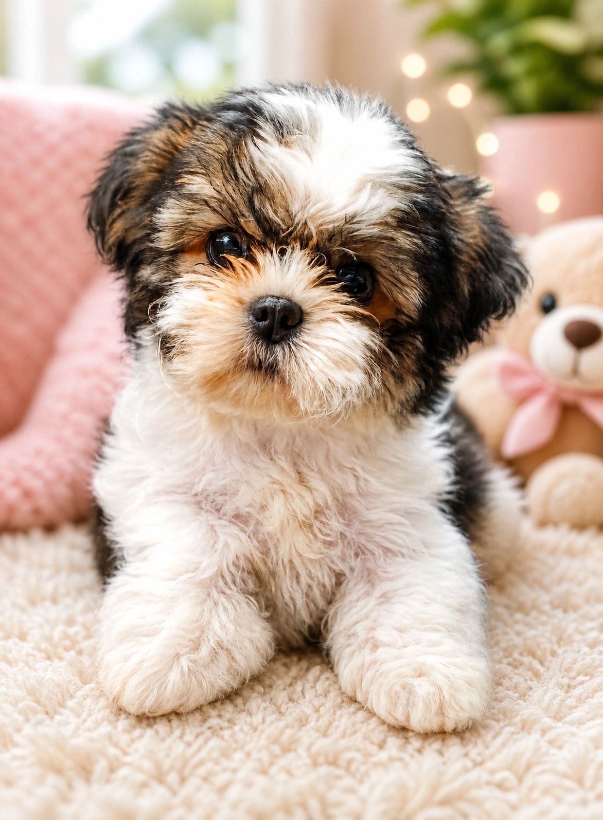 Fluffy puppy with expressive eyes lying on a cozy blanket.