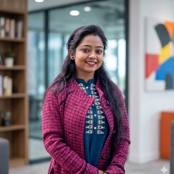 Young woman smiling confidently in a modern office setting.