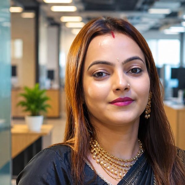 Confident woman in traditional attire with gold jewelry in office setting.