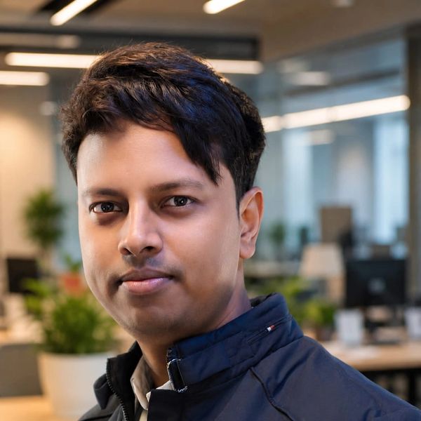 Portrait of a man in an office setting with a confident expression.