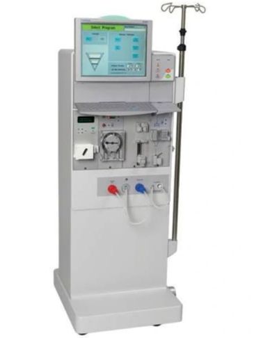 Medical dialysis machine with screen and IV stand.