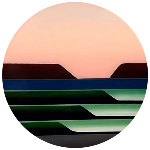 Abstract circular landscape with layered colors and geometric shapes.