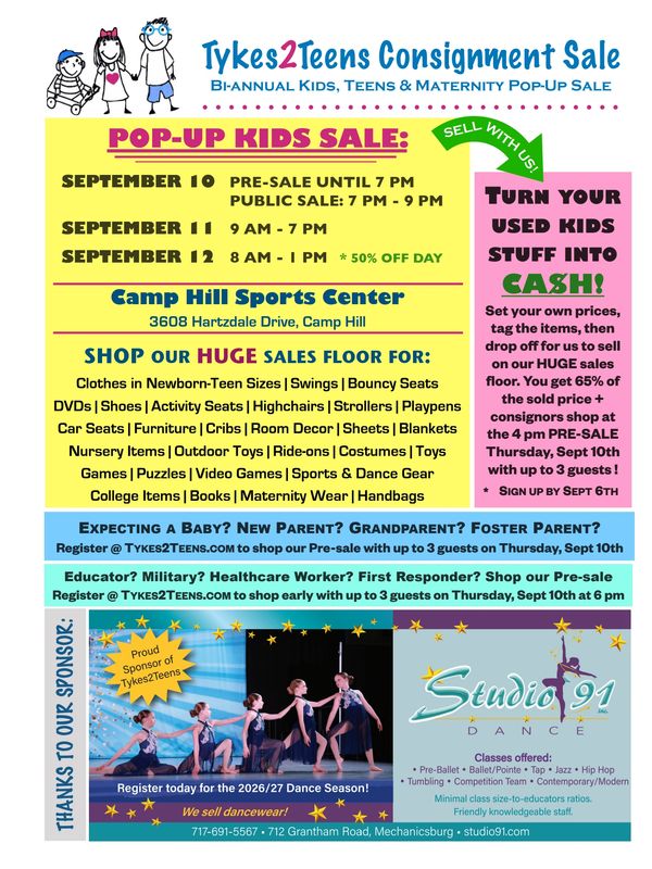 Tykes2Teens bi-annual kids, teens, and maternity pop-up sale information flyer.
