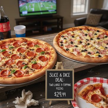 Two large three-topping pizzas with a football game on TV.