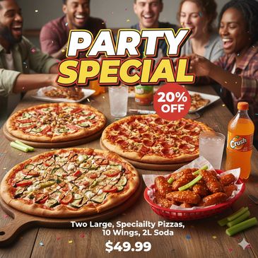 Group enjoying a party special pizza meal with wings and soda.