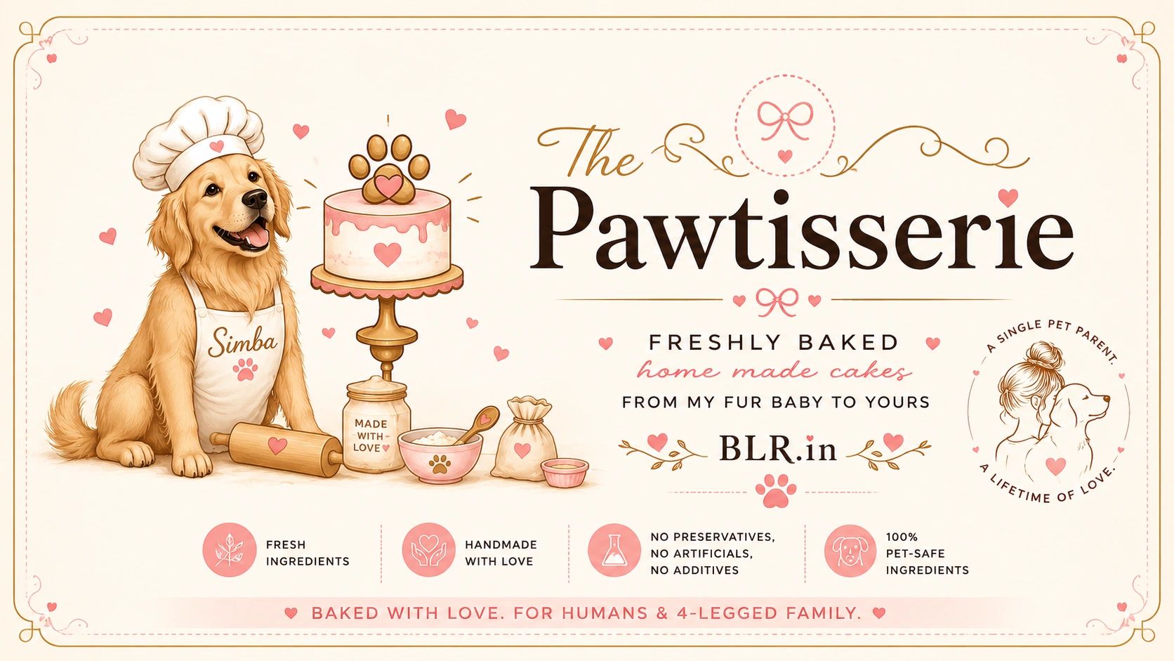Illustration of a dog named Simba baking pet-friendly cakes at The Pawtisserie.