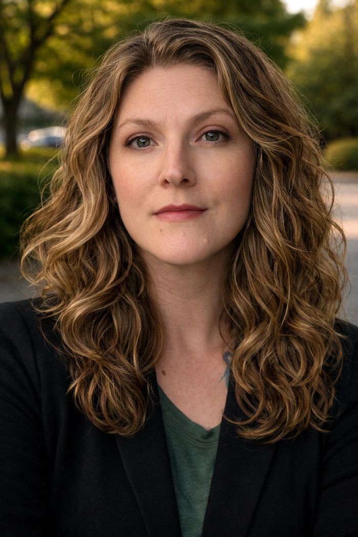 Confident woman with curly hair outdoors in natural light.