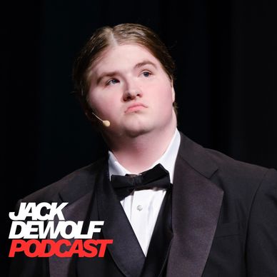 Young man in a tuxedo with a microphone, podcast logo overlay.