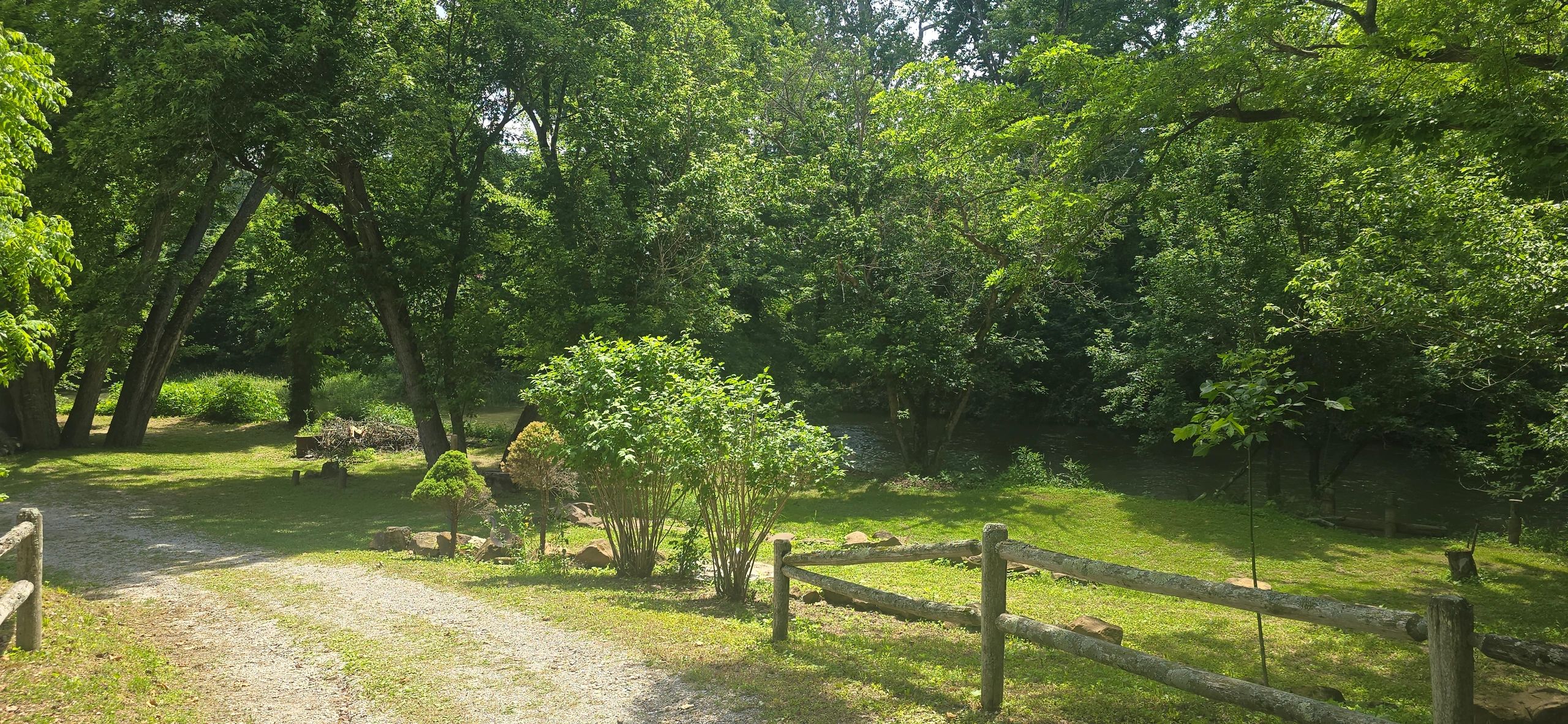 Sunlit gravel path leading to a green wooded area by a river.