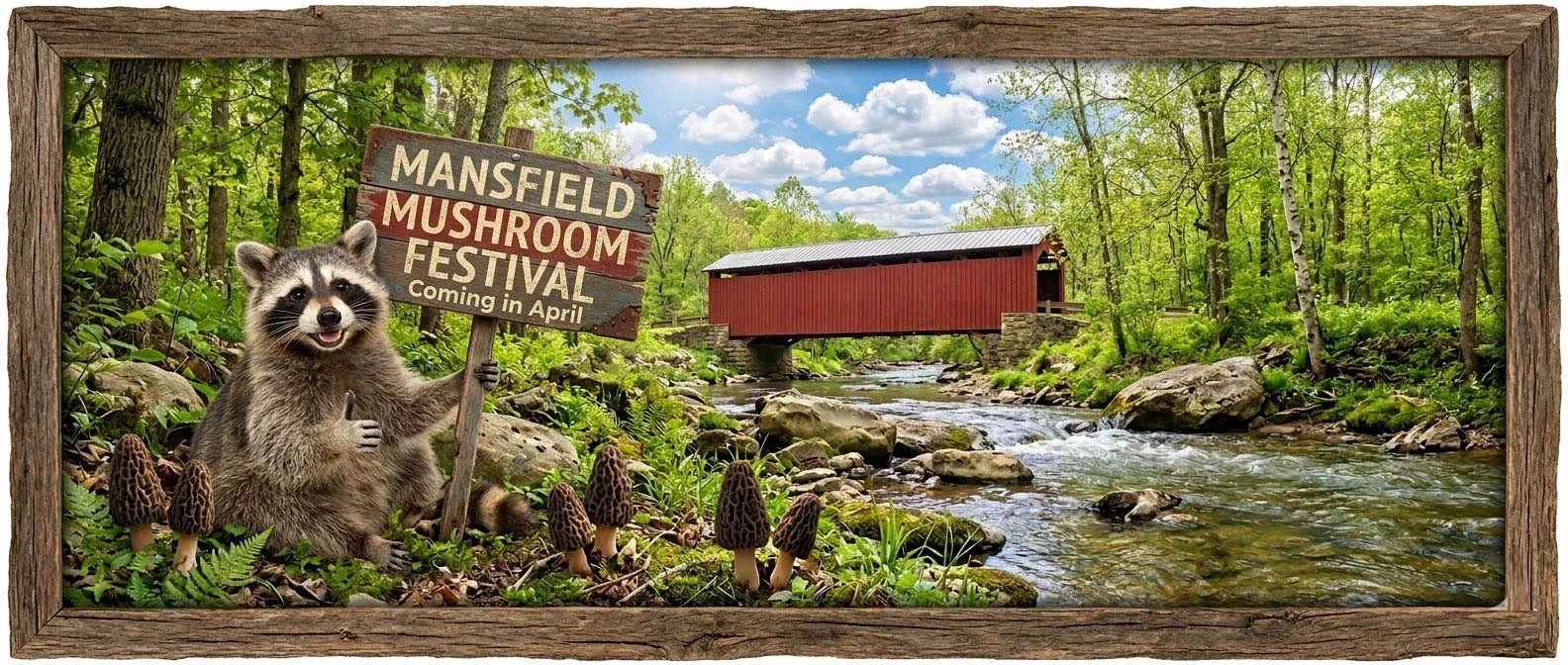 A raccoon holding a sign for the Mansfield Mushroom Festival by a river with a red covered bridge.