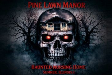 Creepy skull with glowing eyes and spooky house inside.