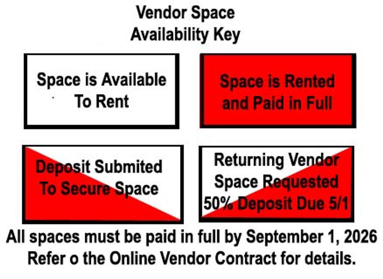 Vendor space availability key with color-coded rental status and payment deadlines.