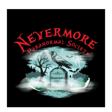 A spooky Nevermore Paranormal Society logo with a raven and tombstone.