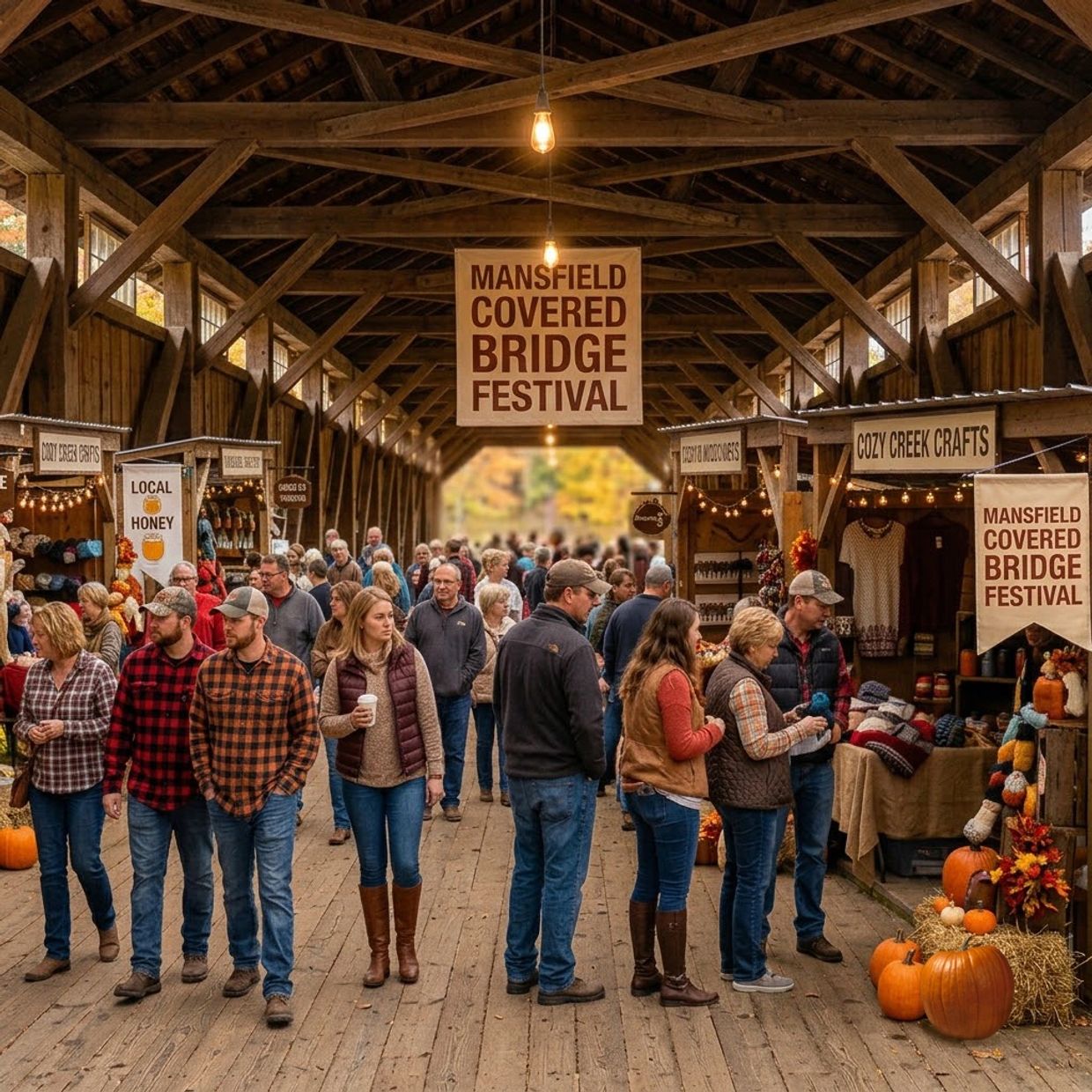 People enjoy the Mansfield Covered Bridge Festival inside a wooden covered bridge.