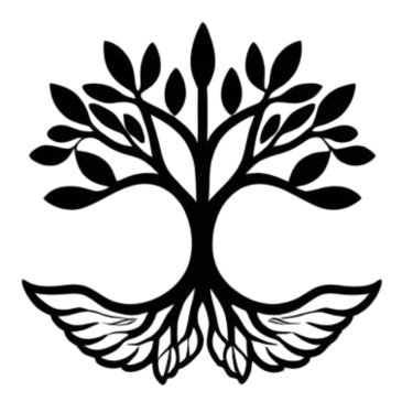 Stylized tree with roots and leaves.