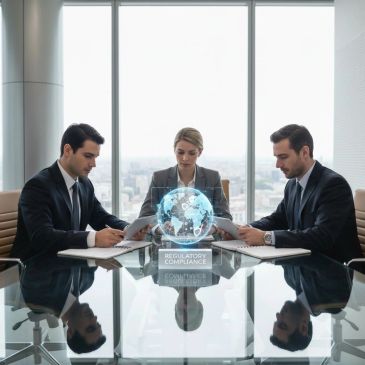 Three business professionals reviewing documents with a digital globe showing regulatory compliance.