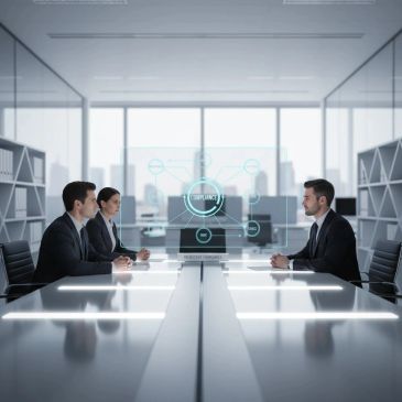 Business professionals in a futuristic meeting room discussing compliance.